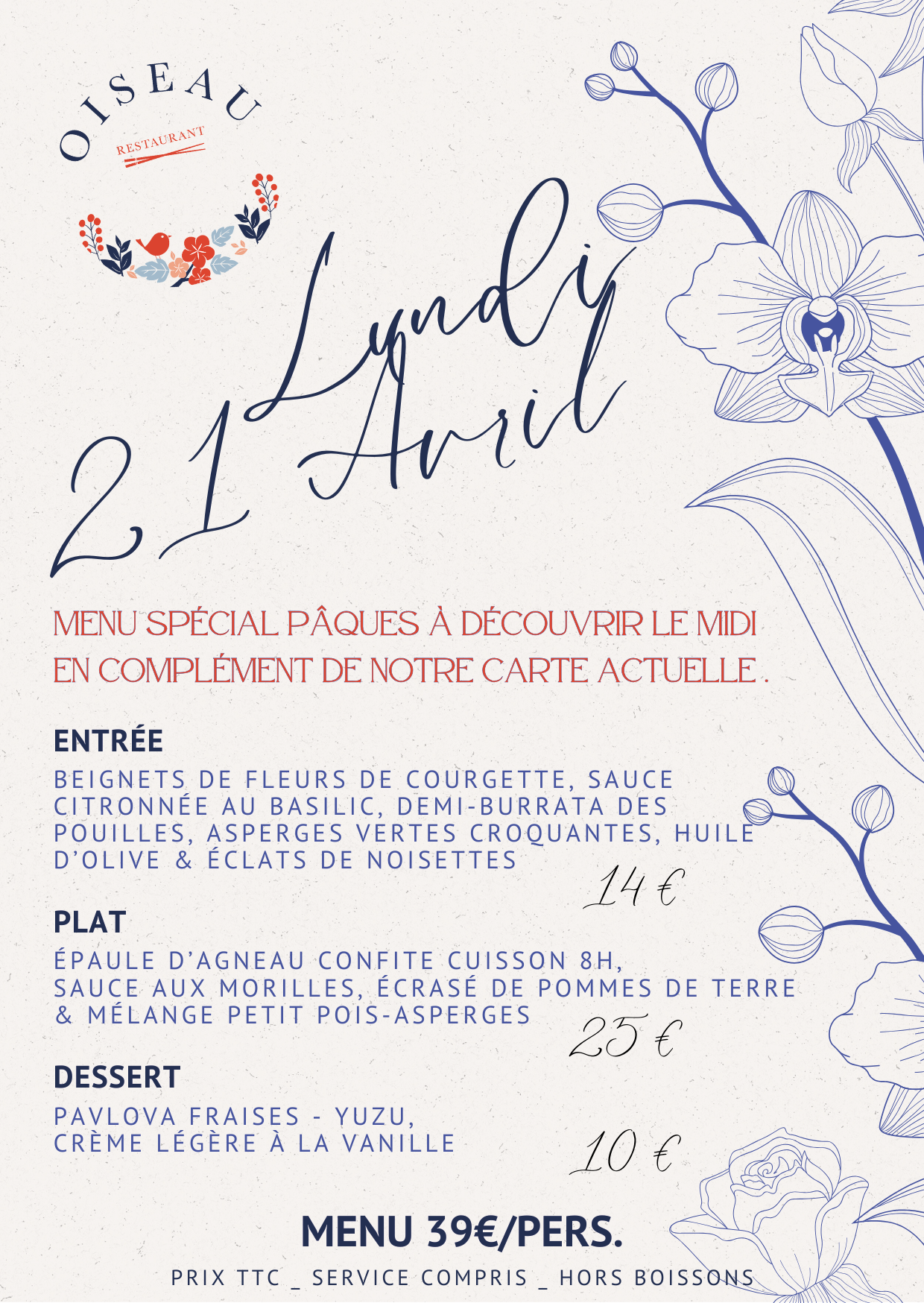 MENU PAQUES OISEAU RESTAURANT AVIGNON